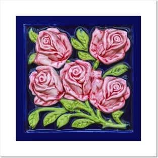 Pink Roses Majolica Floral Tile Posters and Art